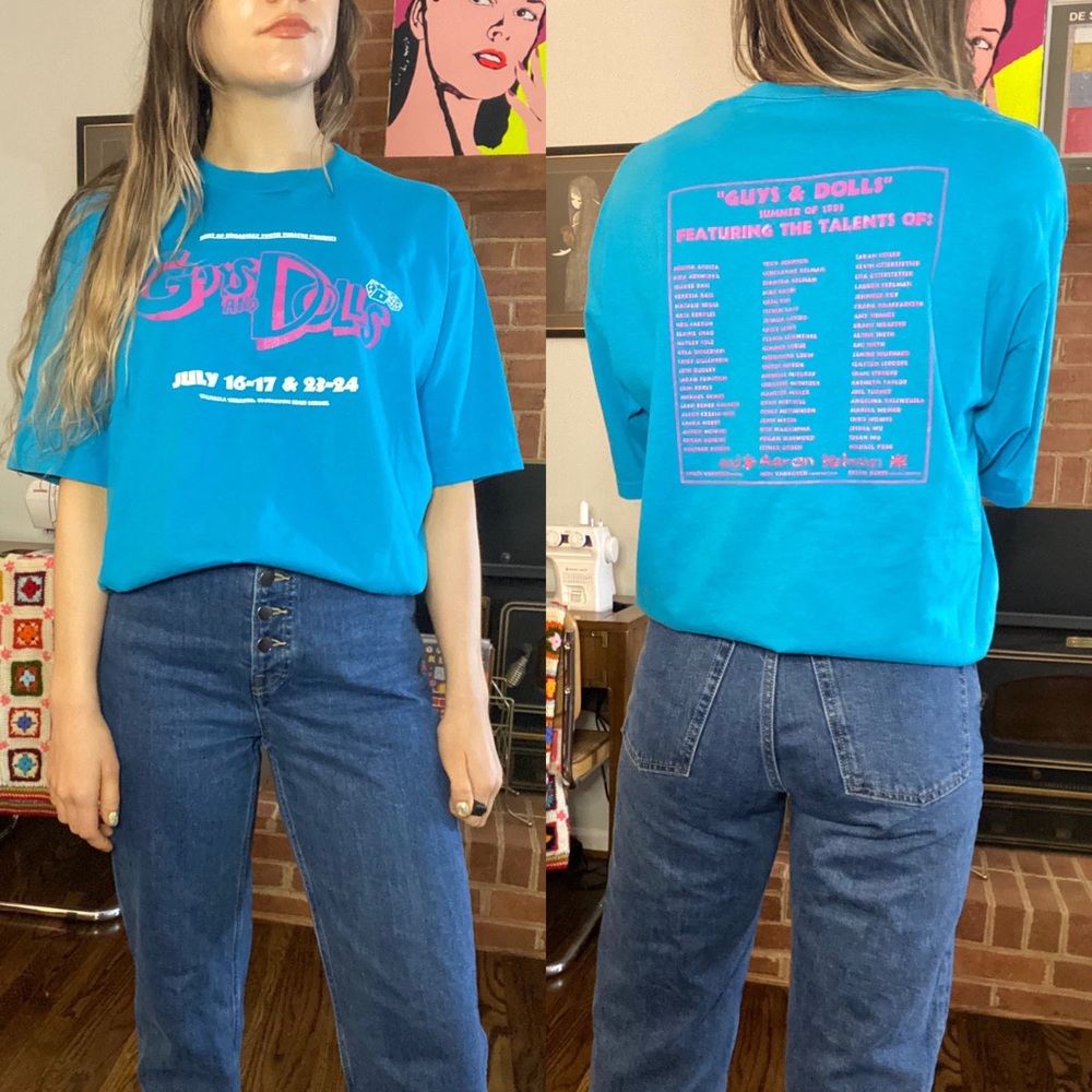 Vintage 1993 Guys & Dolls Musical Neon Teal Puffy Print Tee Broadway The…